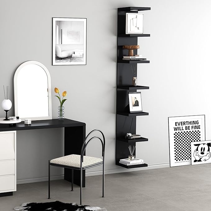 LitaEther Versatile 7 Tier Wall Shelf Unit,Black Lack Wall Shelf,Display Floating Shelf with LED Remote Control Light