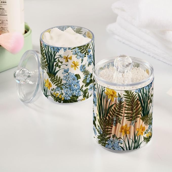 2 Pack Apothecary Jars Vibrant Wildflower Garden Floral Bathroom Vanity Storage Organizer Set,Small Clear Plastic Storage Jars Bathroom Canister for Cotton Swabs, Rounds, Balls, Qtips,Makeup Sp