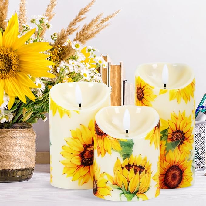 3 Pcs Sunflower Flameless Candles Battery Operated LED Candles Flickering Pillar Sunflower Floral Printed Faux Candle Housewarming Gift for Monther's Day Wedding Home Party