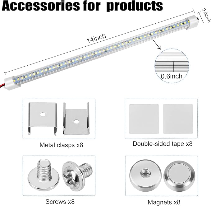 12v LED Interior Light Bar, DC 12 Volt led Strip Lights with Switch and Magnets, 6500K White Light for Enclosed Cargo Trailer Car RV Van Truck Lorry Cabinet Camper Boat Caravan Motorhome 8P
