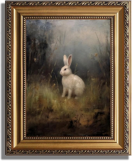 KBKBART Vintage Framed Wall Art for Living Room, Dark Academia Decor Wild Hare Rabbit Vintage Oil Painting, Retro Animal Bunny Canvas Art Prints Wall Decor for Dark Aesthetic, Gold Framed Artwork, 12"x16"
