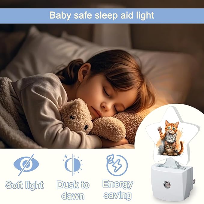 Cat Cute Animal Night Lights Plug Into Wall,Funny Abstract Star Night Light for Kids,Nightlight with Dusk to Dawn Smart Sensor for Bedroom Bathroom Decor,Children Women Men Gift