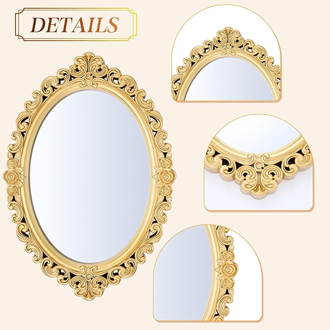 Beeveer 2 Style Vintage Mirrors Set Decorative Oval Wall Mirror Small Antique Mirrored Tray Decorative Hanging Mirror for Bathroom Bedroom Jewelry Organizer Victorian Decor (Square,Gold)