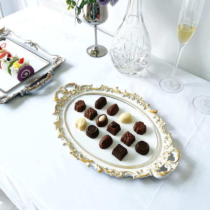 Oval Decorative Mirror Tray, French Style Flower Frame, Makeup Organizer, Jewelry Organizer, Serving Tray, 9.8"x 14.6", Golden White