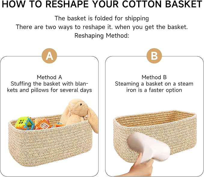 MiniArk Small Storage Baskets for Organizing | Closet Organizer Bins | Shelf Toy Basket | Woven Rope Baskets | Cube Decorative Box | Shallow Basket | 13x8.5x5.1” | 3 Packs Pink