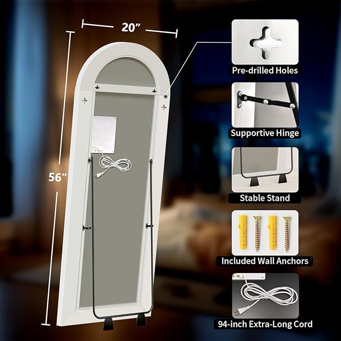 Full Length Mirror with LED Lights, LED Mirrors Full Length Floor Mirror Full Body Mirror for Bedroom Wall Mounted Free Standing (Arched, 56" L×20" W)