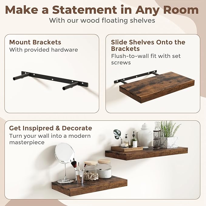 Fun Memories 12 Inch Deep Floating Shelves, 40 x 12 Floating Shelves for Wall Set of 2, Extra Deeper Hanging Wood Wall Shelves for Bedroom, Living Room, Kitchen, Rustin Brown