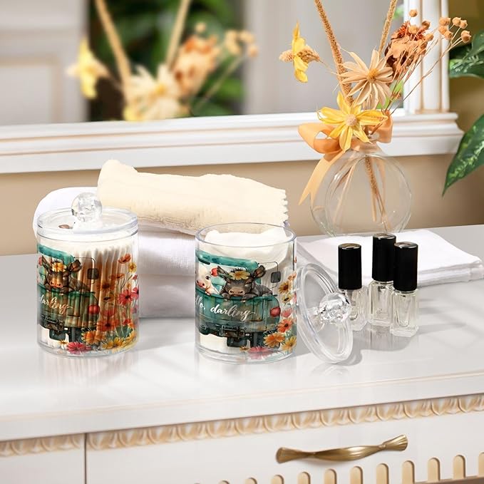 2 Pack Qtip Holder Dispenser for Cotton Ball Cow Pig Donkey Truck Swab Round Pads Clear Plastic Acrylic Jar Set Bathroom Canister