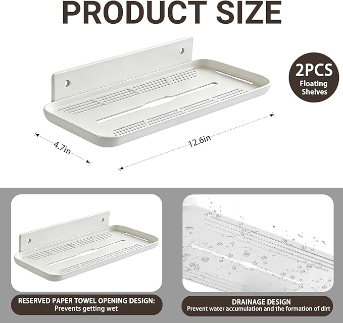 FAYYGYH Adhesive Floating Shelves No Drill Floating Shelf for Wall Storage Damage-Free Wall Mounted Organizer for Bathroom, Kitchen, Bedroom & Office (White, 2 PCS)