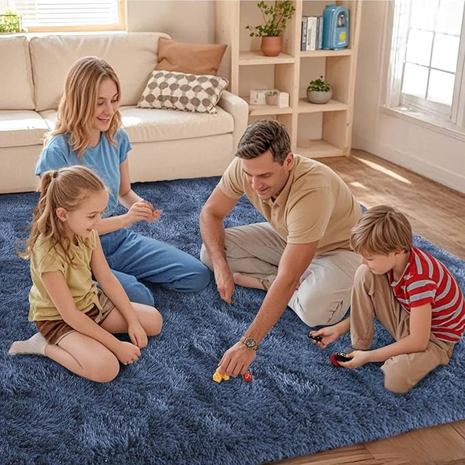 FinRèc Dark Blue Rug for Bedroom Living Room, 4x6 Feet High Pile Plush Area Rug, Non-Slip Soft Fluffy Carpet for Nursery Kids Room Dorm Room Home Decor, Indoor Fuzzy Floor Rugs