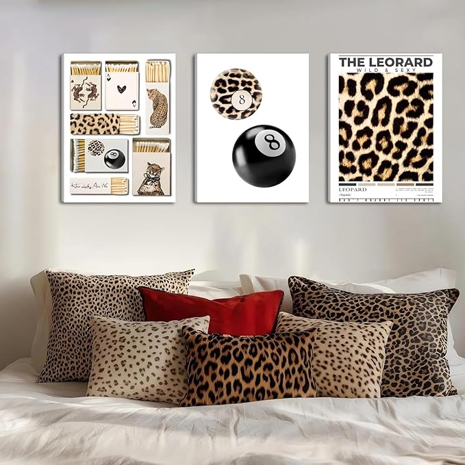 Framed Trendy Leopard Canvas Wall Art Set of 3, Preppy Cheetah Lucky 8 Ball Pictures Wall Decor Prints, Funky Y2K Paintings Girly Aesthetic Home Decor for Living Room Bedroom Dorm 12x16 inch