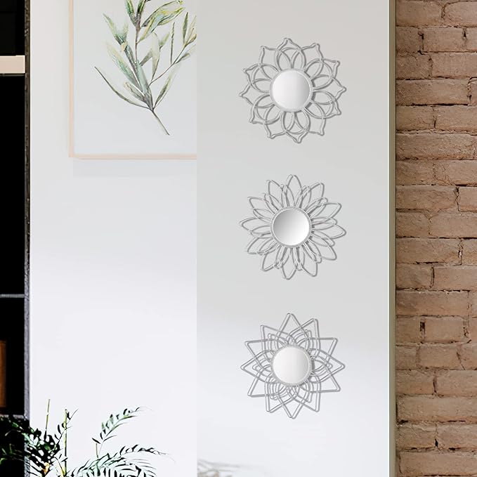 Silver Mirrors for Wall, 9 inch Metal Flower Mirrors Home Valentine Decoration, Valentine Wall Art Decorative Mirror Small Mirror for Living Room Bedroom, Entrance Set of 3