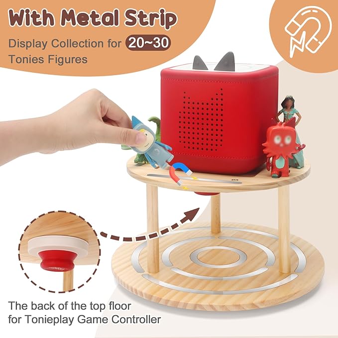 360° Rotating Storage Shelf for Toniebox1/2, 2-Tier Organizer Holder for 20~30 Tonies Figures, Wooden Magnetic Stand Display for Tonie Box Characters Tonieplay Game Controller