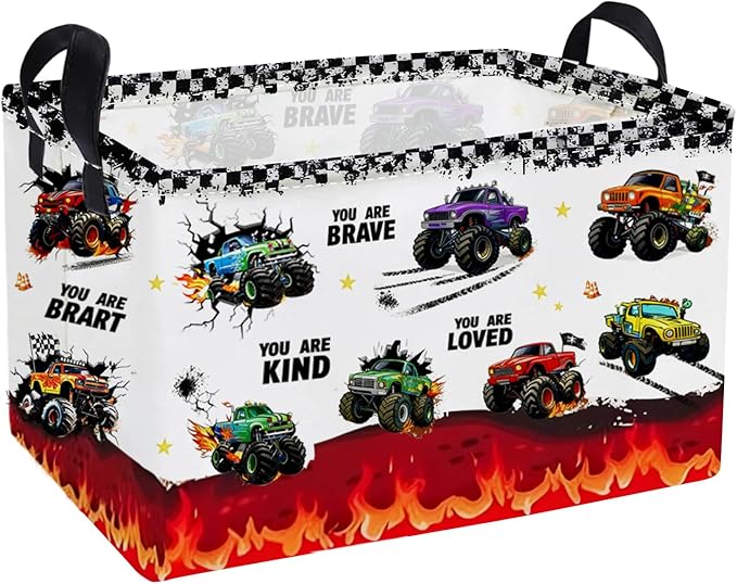 Essme Rectangular Kids Baskets,Monster Truck Storage Box,Cute Basket for Kids with Handles for Room Decor, Book Bins,Shelf Basket.(Flame truck)