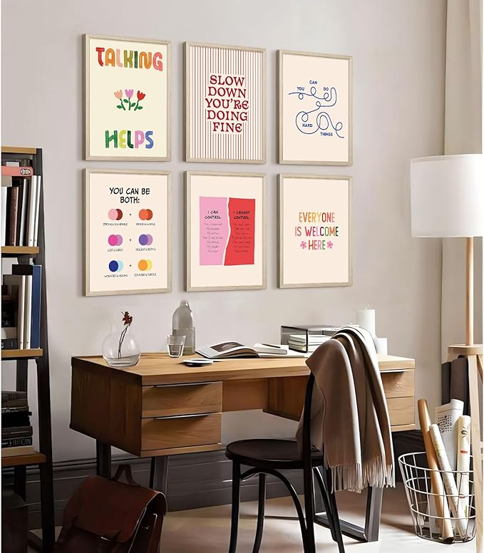 Mental Health Office Wall Decor Therapy Wall Art Mental Health Canvas Posters Motivational Inspirational Quotes Pictures Boho Positive Artwork for Counseling Office Classroom 12x16 Inch Framed 6Pcs