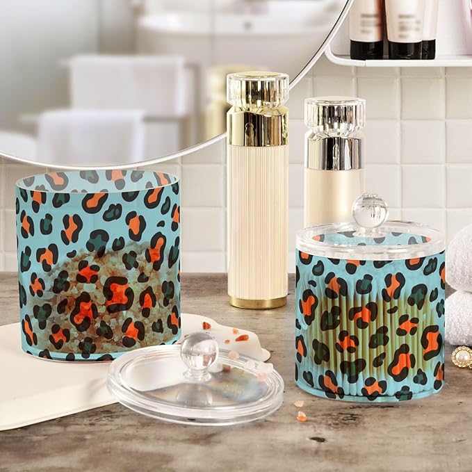 Leopard Print Orange Cyan Blue Clear Plastic Makeup Organizer Storage with lid Bathroom Essentials Decorative Dental floss storage jar for Cotton Swabs,Cotton Pads,Floss Picks,Paper