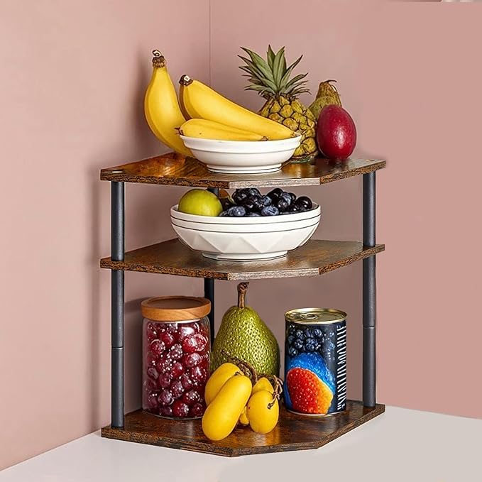 Wooden 3-Tier Corner Shelf, Kitchen Countertop Dish & Bread Organizer Counter Stand Storage for Desktop Bedroom Bathroom Small Space Counter Decor