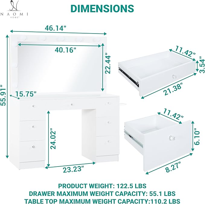 Naomi Home 46" Makeup Vanity Desk with Mirror & Lights – Dressing Table with 11 LED Bulbs, Adjustable Brightness & 3 Modes – Vanity Set with Chair, 7 Storage Drawers & Charging Station (White)