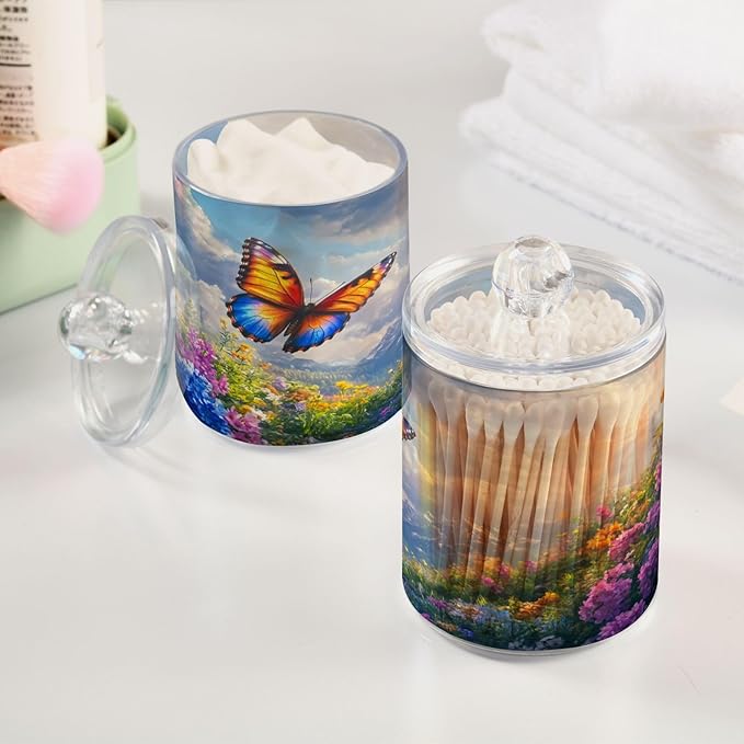 Nander 4Pack Beautiful Spring Wildflowers and Butterflies Qtip Holder Dispenser -Clear Plastic Apothecary Jars Set - Restroom Bathroom Makeup Organizers Containers for Cotton Swab, Ball, Pads, Floss