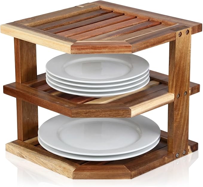Mifoci 3 Tier Acacia Wood Corner Shelf Organizer for Kitchen Counter & Cabinet, Solid Wood Corner Rack Space Organizer for Plates, Dishes, Bowls, Cups, Pantry Storage, 9.5" x 10", Hardware Included