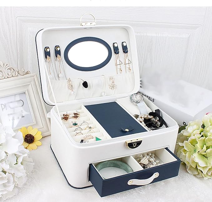 Jewelry storage box Makeup Organizers Jewelry Box,Jewelry Box for Women Leather Jewelry Organizer Two Layers with Lock Display for Earrings Bracelets Rings Watches Jewelry Case (B)