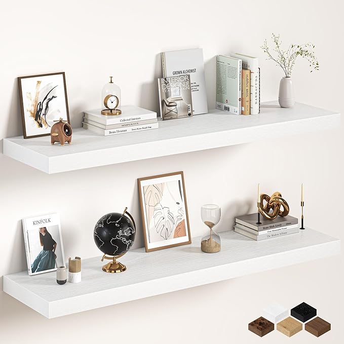 White Floating Shelves 55Inch Long, 12 Inch Deep Floating Shelves for Wall, 55 x 12 Large Floating Shelf for Fireplace Mantel, 2" Thicked Rustic Wall Shelves for Living Room, Bedroom Storage, 2 Packs