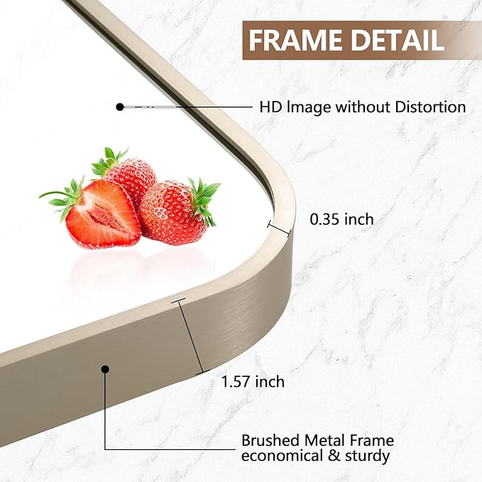 26x38 Inch Brushed Nickel Bathroom Mirror, Framed Rectangle Mirror with Rounded Corner, Brushed Mirror, Silver Bathroom Mirror for Over Sink, Vanity, Living Room, Bedroom, Horizontal/Vertical