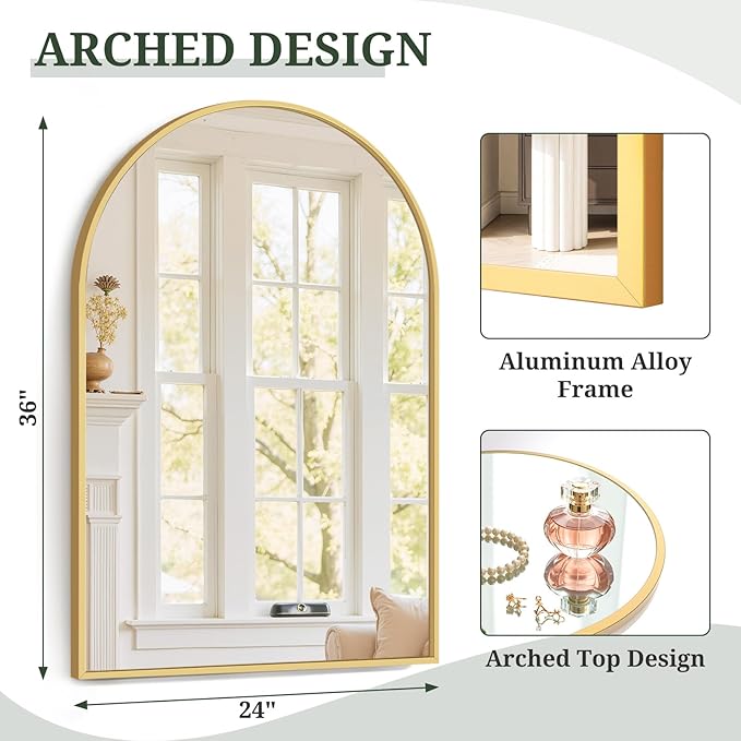 Arched Wall Mirror 36x24 Inch Gold Bathroom Vanity Mirror with Metal Frame, Modern Arch Mirror for Bedroom, Living Room, Entryway, Wall Mounted Decorative Mirror