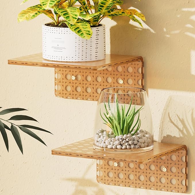 QsQueen Boho Acrylic Wall Shelves 2 Pack, Small Floating Shelf with Rattan Pattern, Clear Display Ledges for Funko Pop Figures, Plants, Perfume & Home Decor, Wall Mount for Bedroom, Living Room
