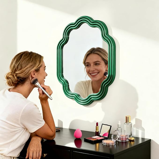 Green Wavy Oval Mirror 16x20 Scalloped Wall Mounted Unique Wooden Frame Modern Mirror for Bedroom Living Room Entryway Hallway