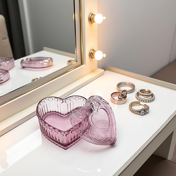 Cute Glass Jewelry Box - Heart Shape Cute Box for Storage Ring Earring Trinket Vintage Jewelry Organizer Decorative Gift for Women Girls-GRB003-Rose Red