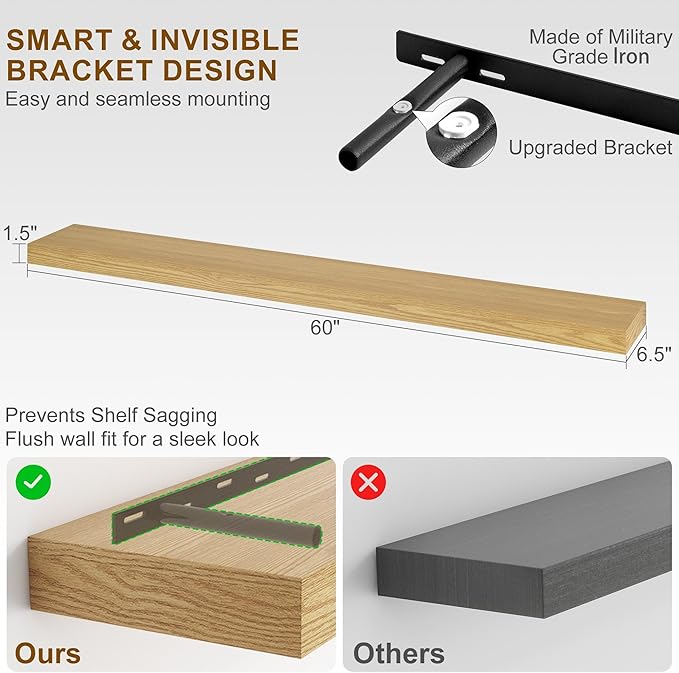 Fun Memories 60 Inch Fireplace Mantel - Long Floating Shelf, Wall Mounted Farmhouse Display with Invisible Heavy Duty Metal Bracket, Oak, 2 Pack