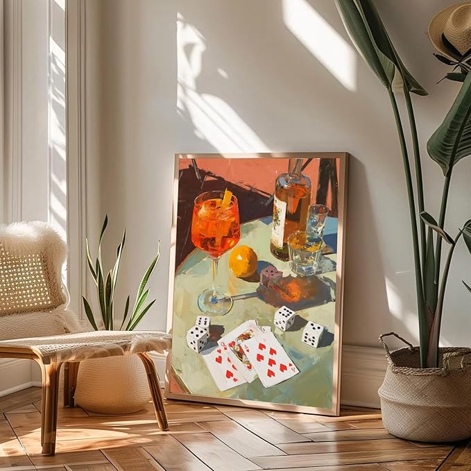 Trendy Wall Art Cocktails Wall Art Decor Retro Dice Poker Canvas Painting Prints Vintage Bar Cart Decor Funky Alcohol Cocktail Print for Kitchen Dorm Party Bar Cart Decoration, 16x24inch Unframed