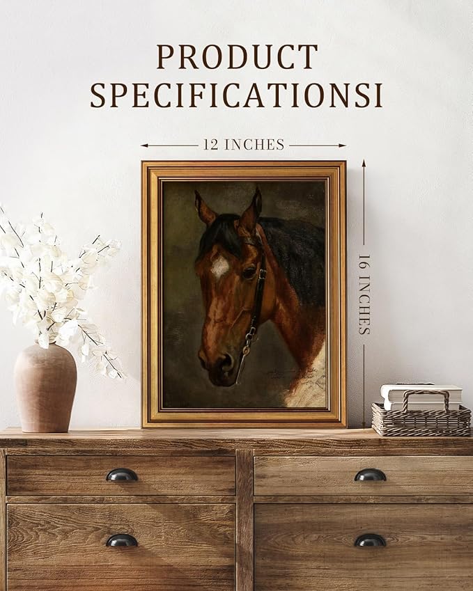 Bzstyleart Vintage Wall Art Decor for Living Room, Horse Pictures Wall Decor, Framed Canvas Artwork, Antique Animal Painting Kitchen Bedroom Bathroom Home Decor, 12 x 16 Inch