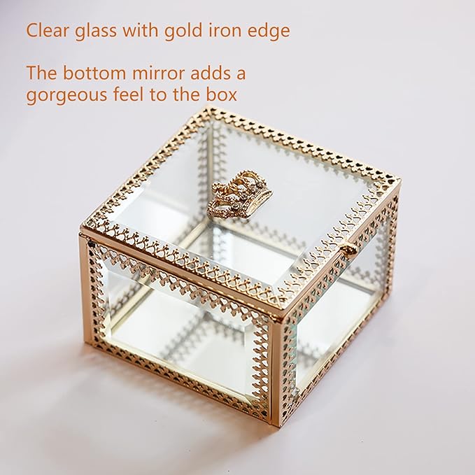NAJMECHOY Glass Jewelry Box, Mirror Bottom with Crown Lid, Box for Makeup, Lipstick Ring Earrings, Storage Box, Gold Glass Box Ring, Bracelet Display Transparent Box (Square)
