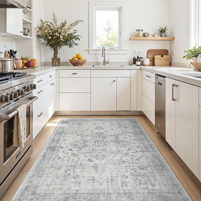 Rugxara Washable Area Rug for Living Room, Neutral Vintage Boho Rugs for Office, Dining Room, Kids Room, Farmhouse, Durable Low Pile Non Slip Carpet for High Traffic Areas, Light Grey(4x6ft)