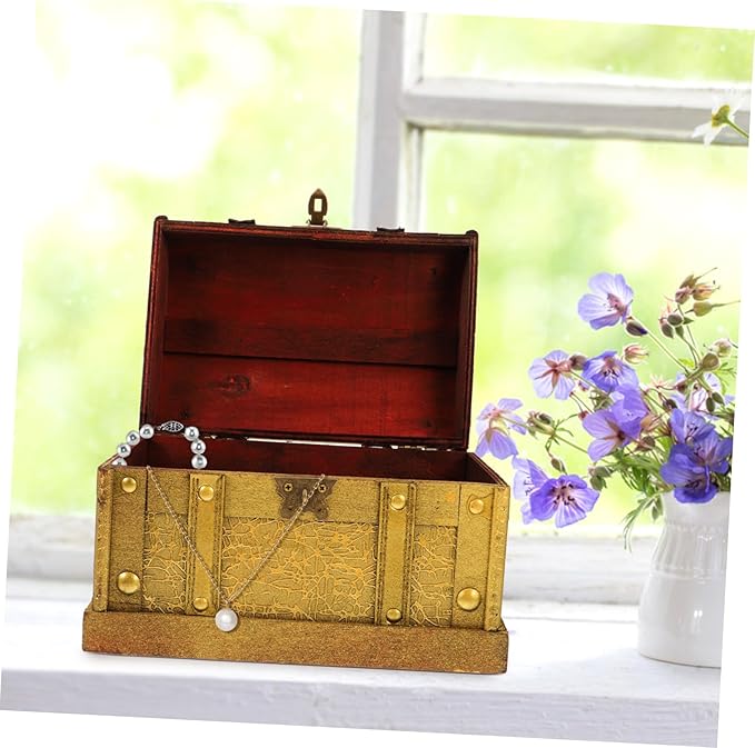 VALICLUD Vintage Wooden Pirate Treasure Chest Small with Metal Lock Elegant Jewelry and Keepsake Storage Box for Collectibles Gifts and Makeup Organizer Classic Design for Women and Party