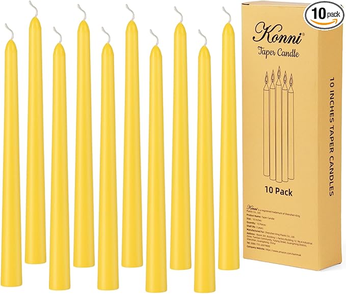 KONNI 0.87×10 Inch Yellow Taper Candles, Unscented and Smokeless Tall Candlesticks, 10 Pack Tapered Candles with Cotton Wicks, Long Burning, Ideal for Weddings, Dinner Parties, and Home Décor