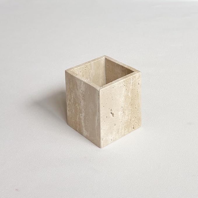 Natural Marble Stone Square Storage Container Empty Vessel Holder Cup for Candle/Pens/Sundries items (Beige Travertine)