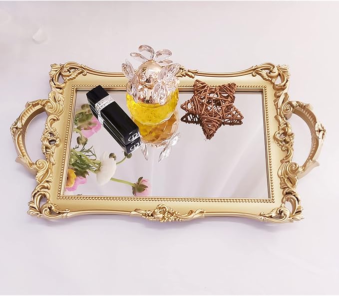 Small Rectangle Decorative Mirror Tray, French Style, Makeup Organizer, Jewelry Organizer, Serving Tray, 13"x 7.8", Gold