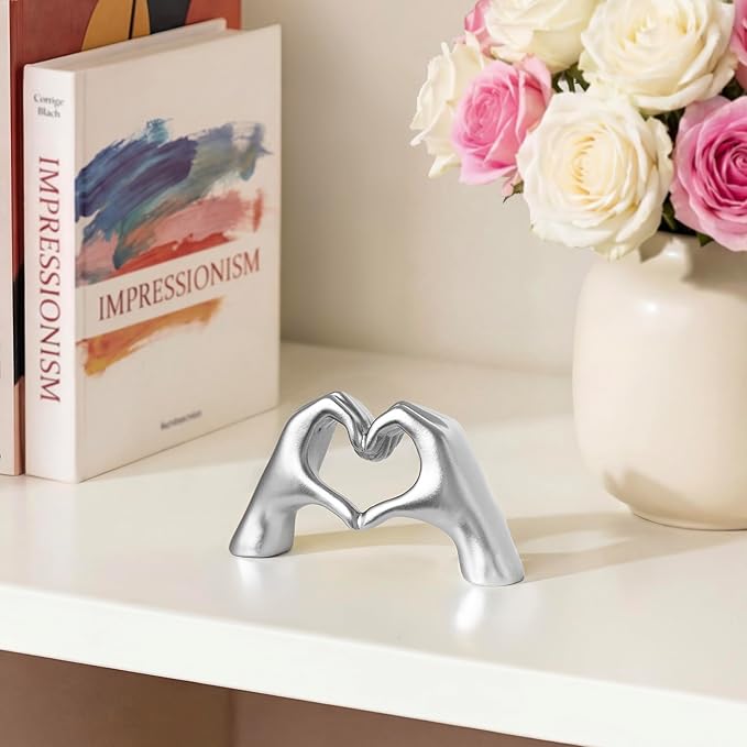 Gold Decor Living Room – Mini Small Heart Hands Sculpture – Shelf Decor Aesthetic – Cute Home Accent Table & Shelves – Love Statue - Gifts Girlfriend, Wife, Women, Teen Girls, Valentine (Silver, Mini)