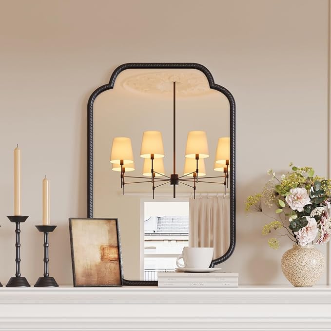 Uniclinens Black Scalloped Mirror Wall Decor - Large Decorative Wall Mirror 36"X24" with Vintage Baroque Metal Frame, Ideal for Entryway, Fireplace, Living Room, Hallway, Bathroom