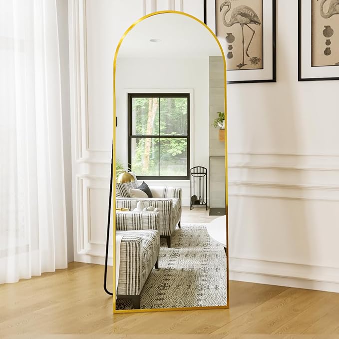 Dewfig Arched Full Length Mirror, 64"X21" Large Floor Mirror, Full Body Mirrors for Leaning or Hanging, Standing Mirrors for Bedroom, Living Room,Dressing Room, Aluminum Alloy Frame, Gold