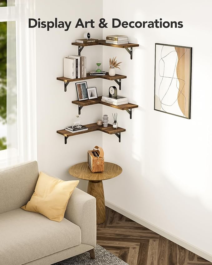 Amada HOMEFURNISHING Corner Floating Shelves, Set of 4 Corner Wall Shelves, Shelves for Wall Decor, Corner Wood Shelves for Home Decor, Office, Bedroom, Bathroom, Laundry Room, Kitchen, Brown