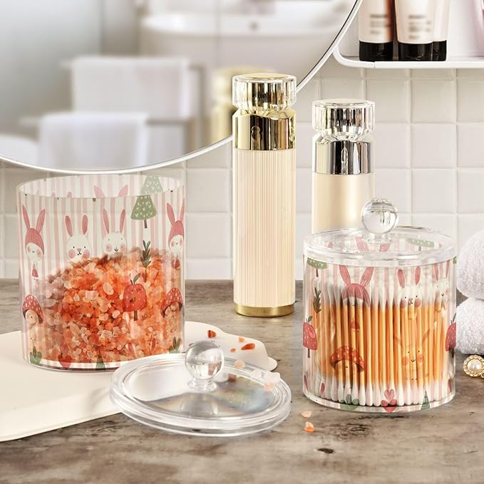 Childish Bunny Blush Color Stripe Clear Plastic Makeup Organizer Storage with lid Pantry Essentials Decorative small storage bins for Cotton Swabs,Cotton Pads,Floss Picks,Paper Clips,Hair