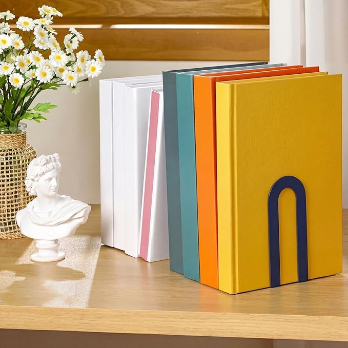 Chunful 6 Pcs Modern Metal Book Ends for Shelves Decorative Small Bookends Book Shelf Organizer Minimalist Design Stopper to Hold Books for Home Office (Blue,5.5 * 3.75 * 2.25inch)