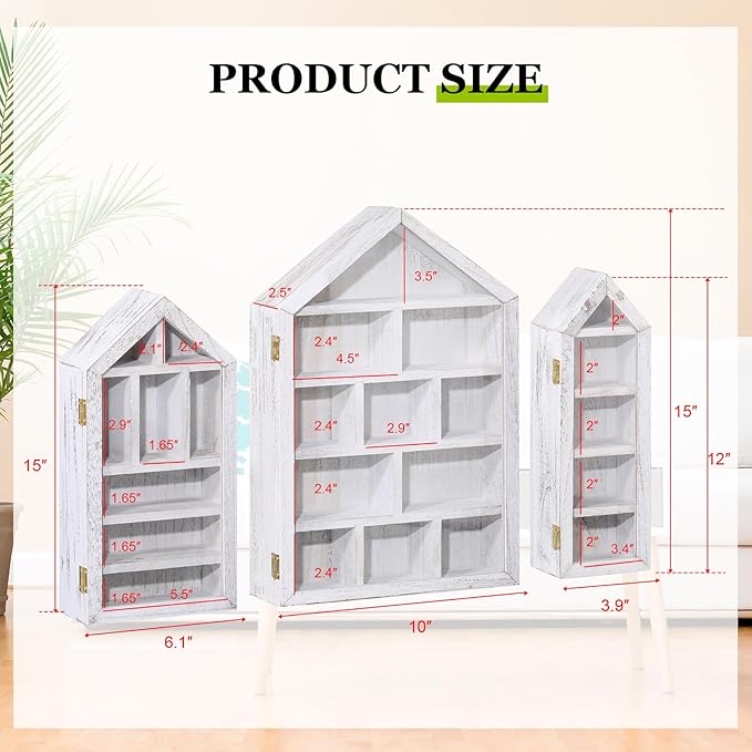 DoubleFill Set of 3 Wooden Trinket Display Shelf Shadow Box with Shelves 10 x 15 Inch Large Wall Mounted Display Storage Mini Figures Curio Trinket Medals Crafts Collections(Antique White,House Shape)