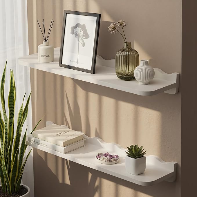 SUMGAR White Floating Shelves for Wall Shelving Decorative Dispaly Wall Shelf Unit, for Bathroom Bedroom Living Room Modern 24 Inch Organizer Storage Shelf for Picture Plant Set of 2