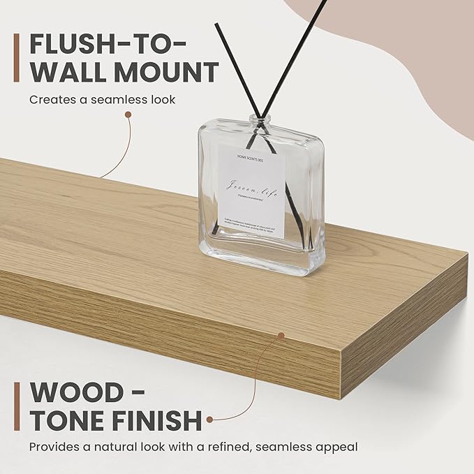 Acovy 30 Inch Floating Shelves, 8 Inch Deep Floating Shelves for Wall, Hanging Shelf with Invisible Brackets, Deep Shelves for Bathroom, Bedroom, Living Room, Oak, Set of 2