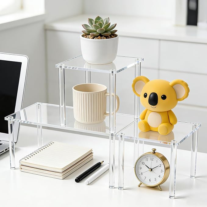 3 PCS Acrylic Corner Countertop Organizer, 2-Tier Adjustable Stackable Shelves(1 Large 2 Small), Clear Storage Rack for Kitchen Bathroom Cabinet Tabletop Coffee Bar and Spice